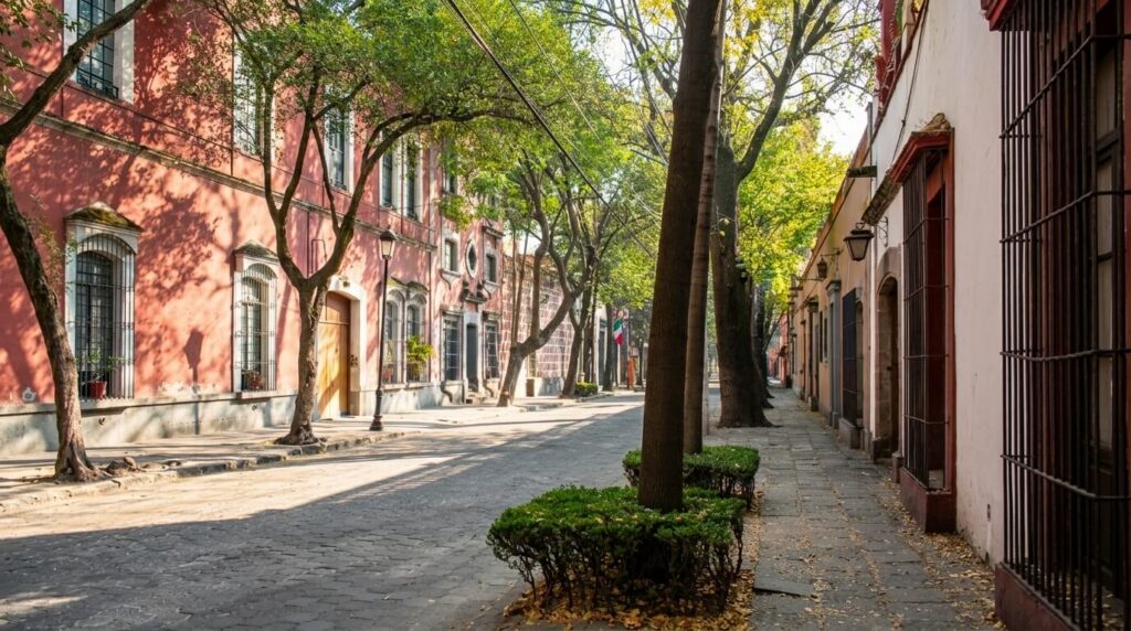 Coldwell Banker México presenta la calle Francisco Sosa en el barrio Santa Catarina, Coyoacán, con arquitectura colonial, vegetación madura y ambiente residencial tranquilo.