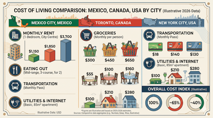 Coldwell Banker Mexico a cost of living comparison between Mexico, Canada and the United States by city, highlighting housing, food and services.
