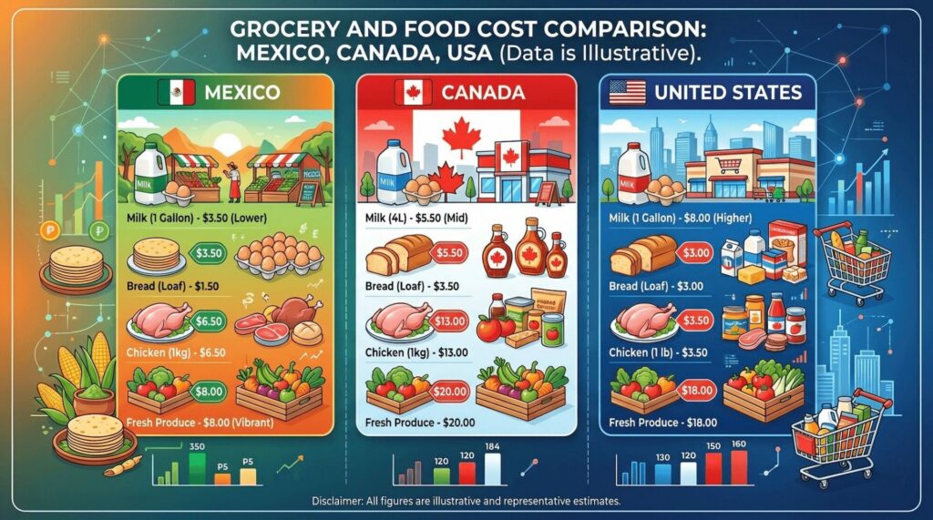 Coldwell Banker Mexico a grocery and food cost comparison between Mexico, Canada and the United States, showing staple prices and dining-out costs.