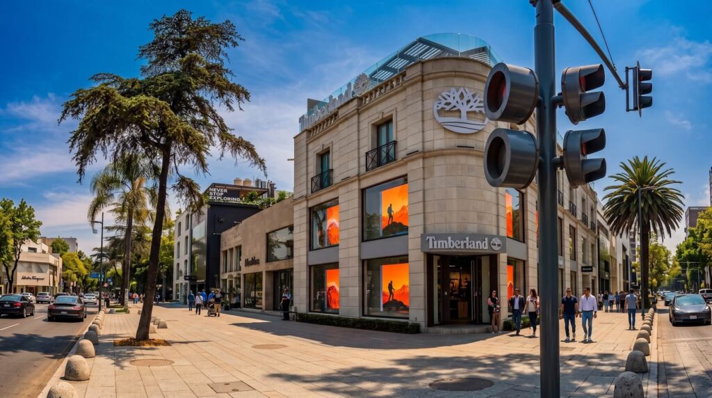 Coldwell Banker México vista urbana de Polanco con espacio público, comercios y edificios residenciales en CDMX