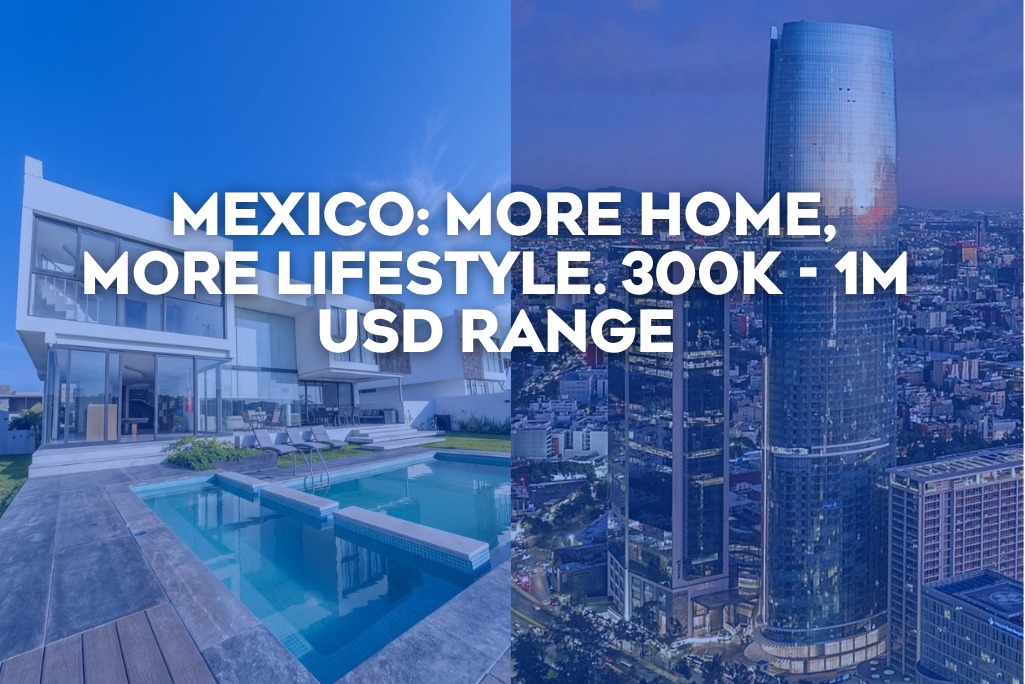 Coldwell Banker Mexico compares properties between USA and Mexico in the $300K to $1M range, showing larger homes, lower price per m² and higher rental yields in Mexico versus median U.S. inventory.