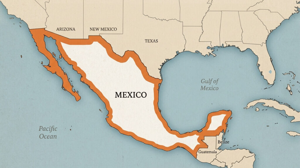 Coldwell Banker Mexico highlights a map of Mexico's coastal and border restricted zones, showing the 50 km coastal band and 100 km border band where foreign residential buyers commonly use a fideicomiso bank trust.