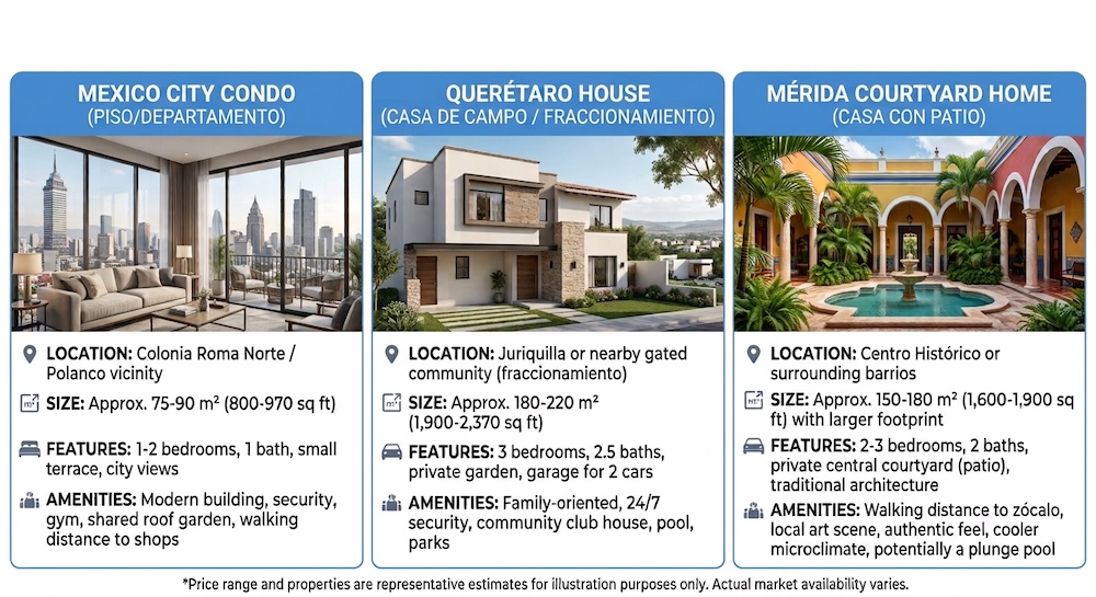 Coldwell Banker Mexico three-property comparison: Mexico City condo, Querétaro house and Mérida courtyard home, showing price ranges, price per m² and rental yield profiles.