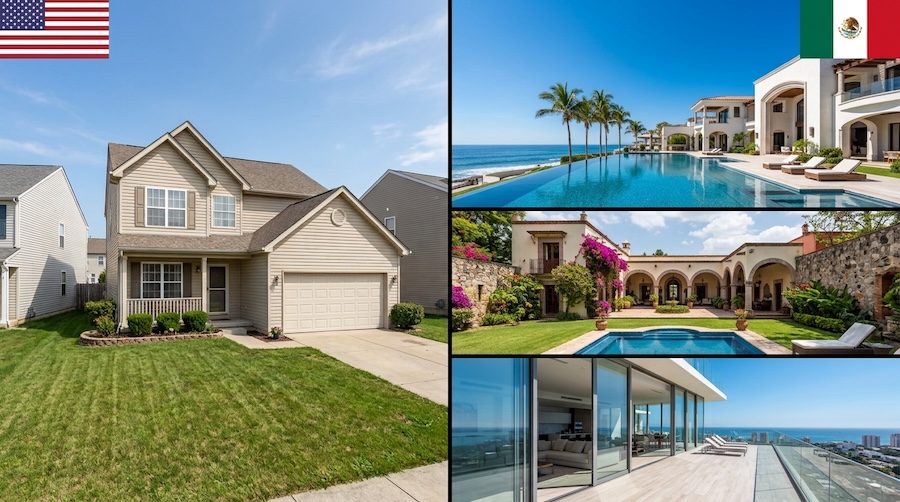 Coldwell Banker Mexico Side-by-side comparison of a typical North American property and three Mexican property styles.