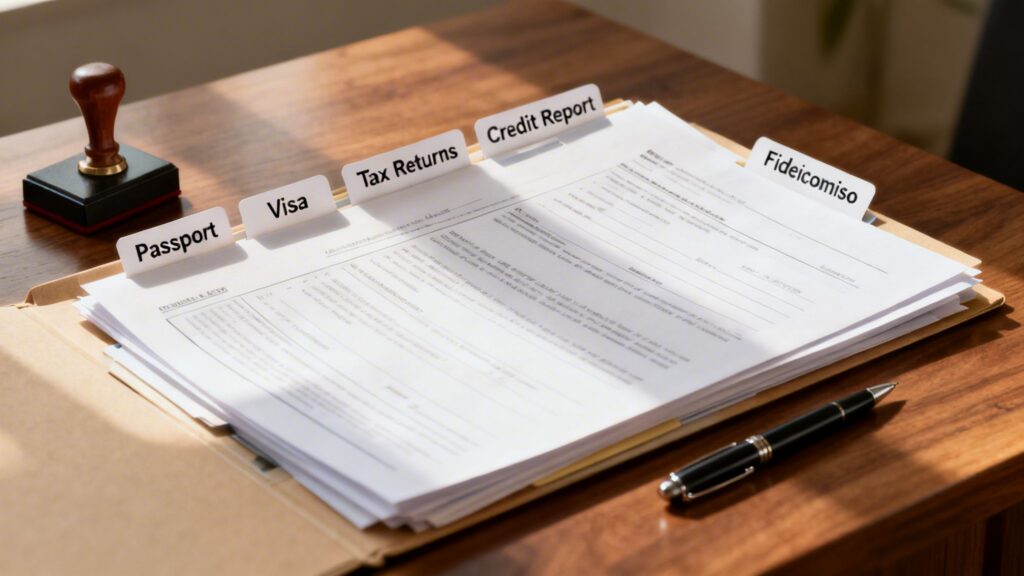 Coldwell Banker Mexico advises on property documents organized for a cross-border mortgage application in Mexico, showing a checklist of passports, tax returns, bank statements, credit reports and property paperwork.