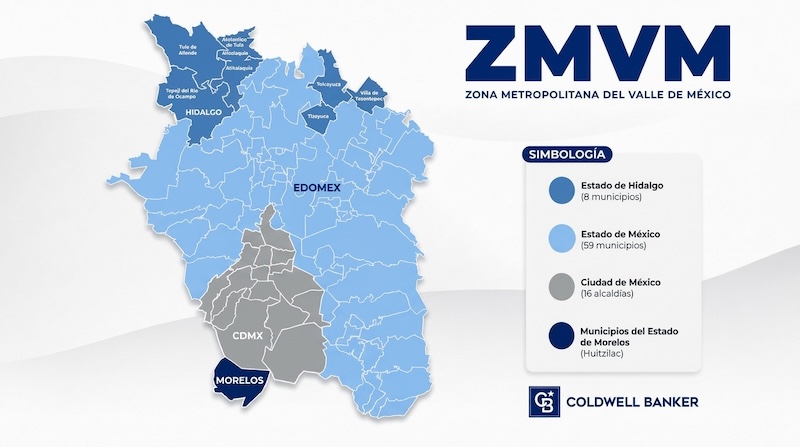 Mapa presentado por Coldwell Banker México de la Zona Metropolitana del Valle de México, que muestra Ciudad de México, Estado de México, Hidalgo y Morelos.
